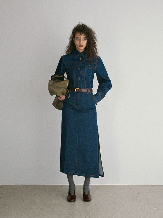 [recto] Asymmetric Long Denim Skirt (Blue)