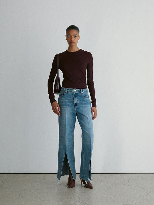Recto Isla Front Slit Medium Washed Denim Pants (Dusty Blue)