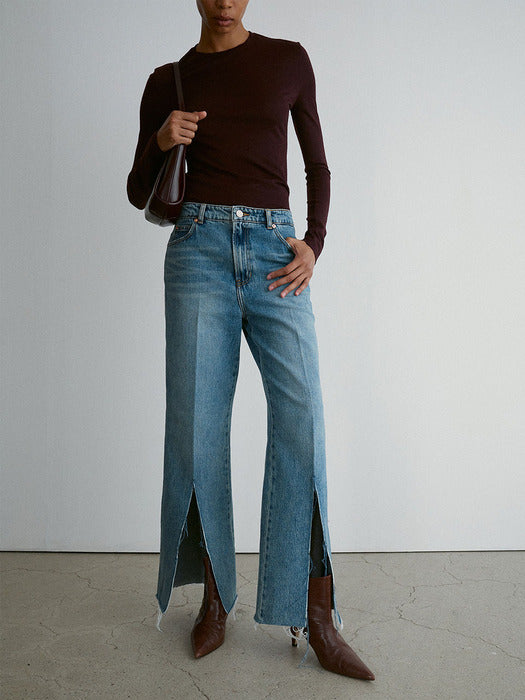 Recto Isla Front Slit Medium Washed Denim Pants (Dusty Blue)