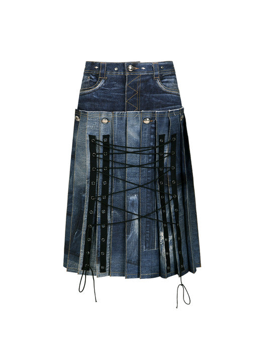 [andersson bell] DENIM TROMPE L`OEIL PLEATS LONG SKIRT apa766w(BLUE)