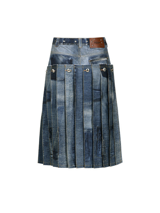 [andersson bell] DENIM TROMPE L`OEIL PLEATS LONG SKIRT apa766w(BLUE)
