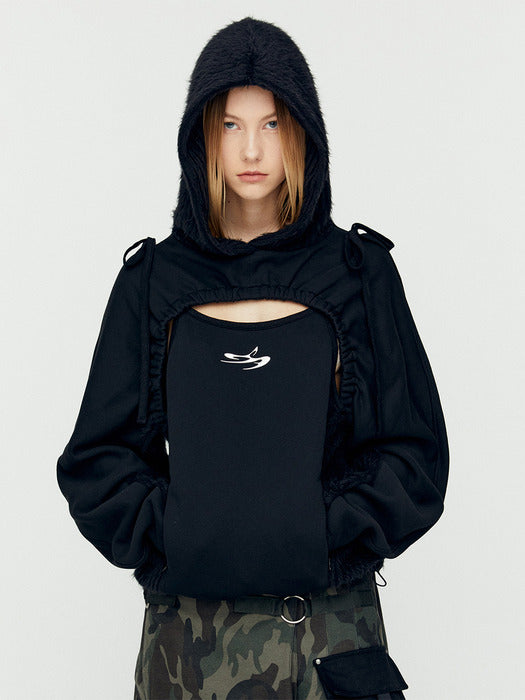 (ESSENTIAL) CUT OUT SHIRRING HOODIE atb1193w(BLACK)