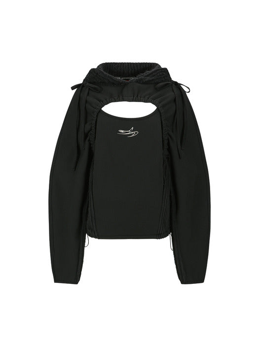 (ESSENTIAL) CUT OUT SHIRRING HOODIE atb1193w(BLACK)