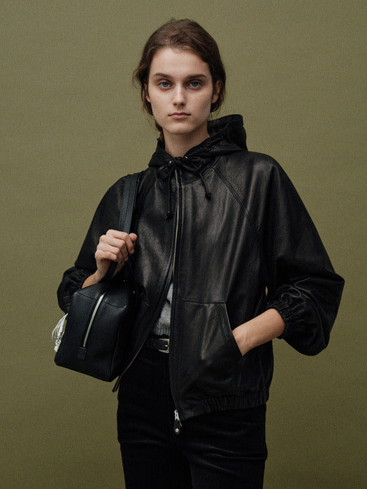 [nothing written] Hooded leather blouson jacket (Black)