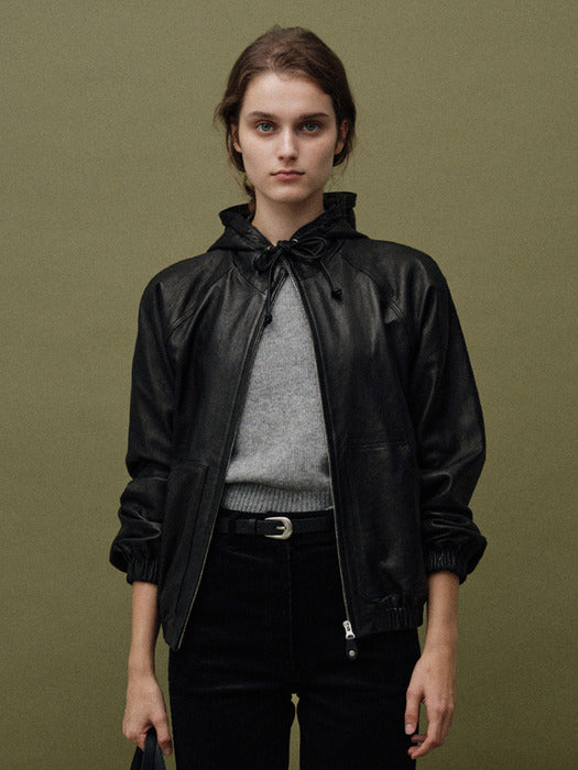 [nothing written] Hooded leather blouson jacket (Black)