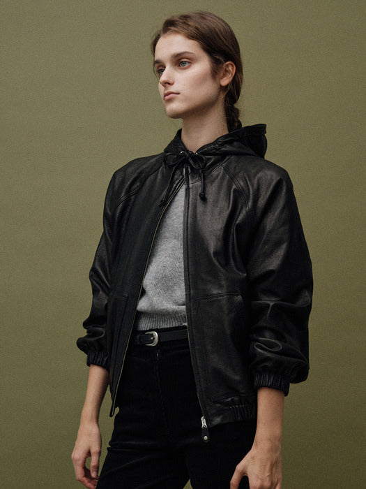 [nothing written] Hooded leather blouson jacket (Black)