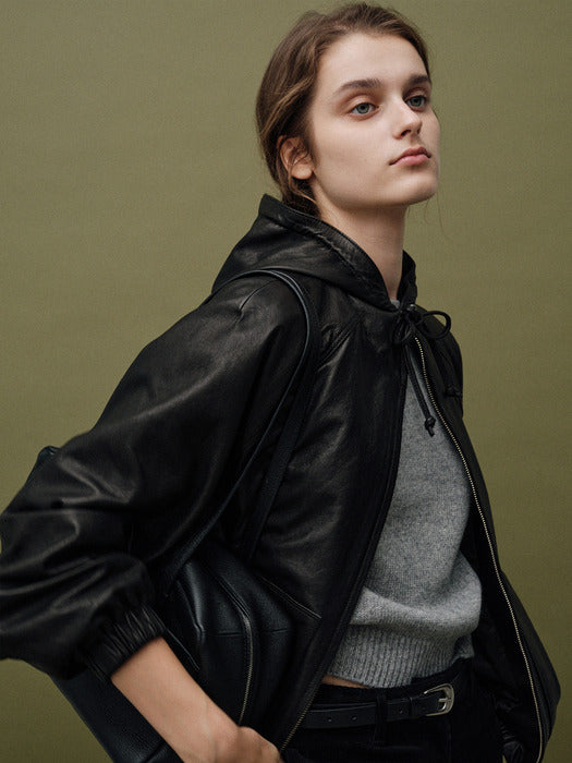 [nothing written] Hooded leather blouson jacket (Black)