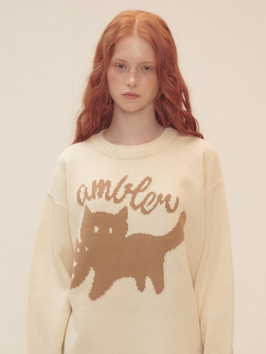 [ambler] Cat biting Cat Sweatshirt Knit AKN501 (Ivory)