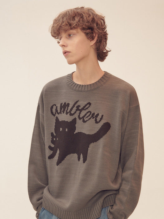 [ambler] Cat biting Cat Sweatshirt Knit AKN501 (Gray)