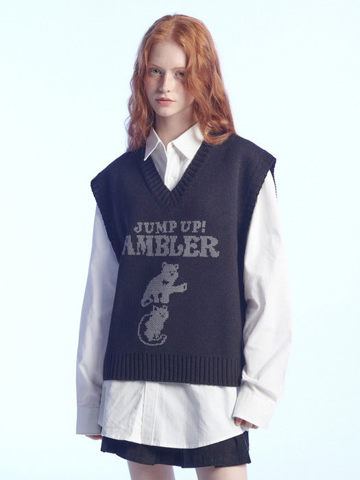 [ambler] Jump up, super star! Sweatshirt Knit Vest AKN502 (Black)