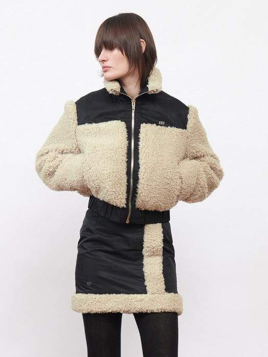 Kijun Shearling Nylon Jacket Beige Black