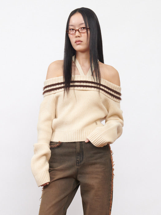 Kijun Tied Off-Shoulder Knit Top Ivory