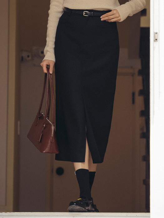 [TILLIDIE] H-line wool blend slit skirt_Black
