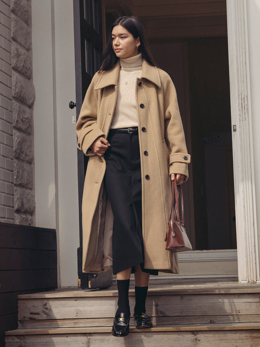 [TILLIDIE] H-line wool blend slit skirt_Black