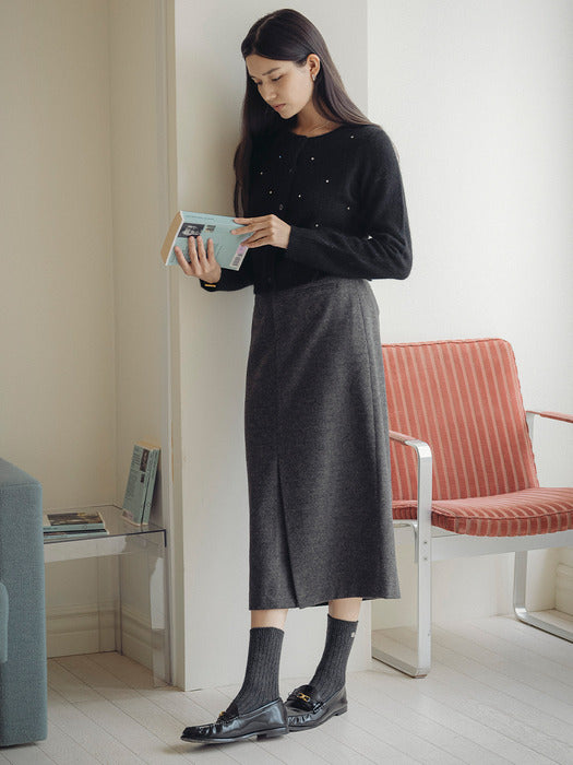 [TILLIDIE] H-line wool blend slit skirt_Charcoal
