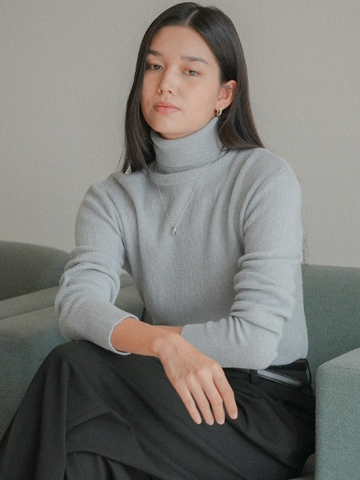 [TILLIDIE] Ribbed wool turtleneck basic knit_Sky blue