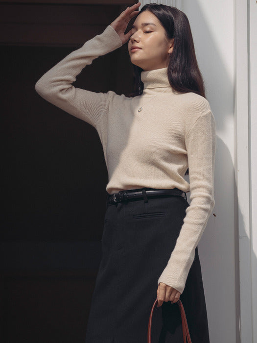 [TILLIDIE] Ribbed wool turtleneck basic knit_Light Beige