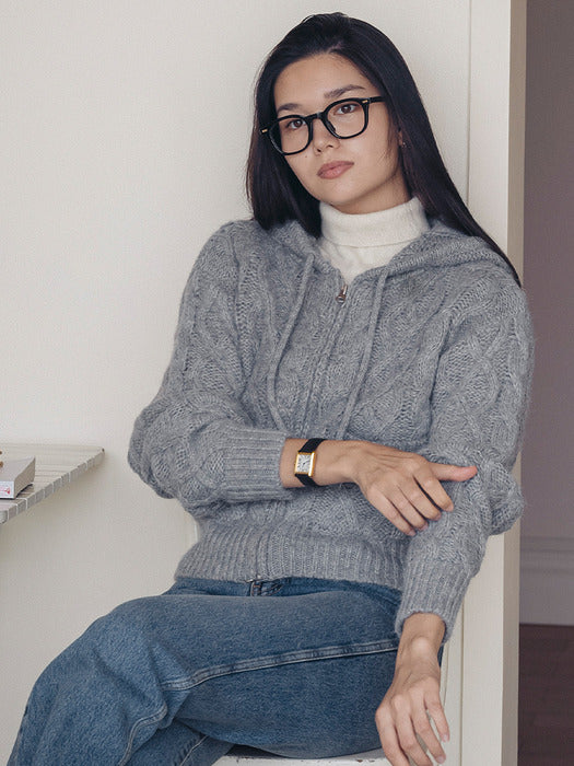 [TILLIDIE] Fisher twisted hooded knit cardigan_Gray