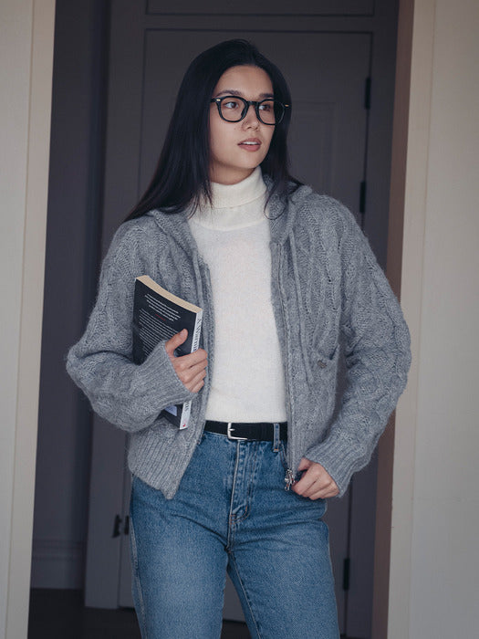 [TILLIDIE] Fisher twisted hooded knit cardigan_Gray
