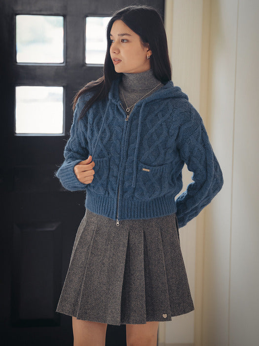 [TILLIDIE] Fisher twisted hooded knit cardigan_Blue