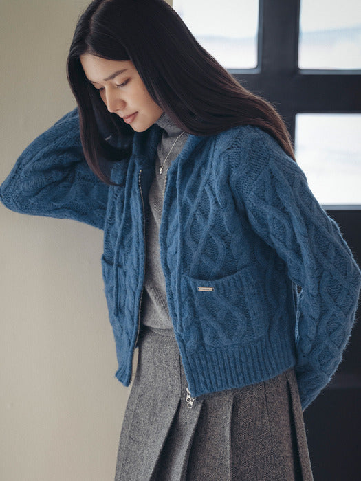 [TILLIDIE] Fisher twisted hooded knit cardigan_Blue