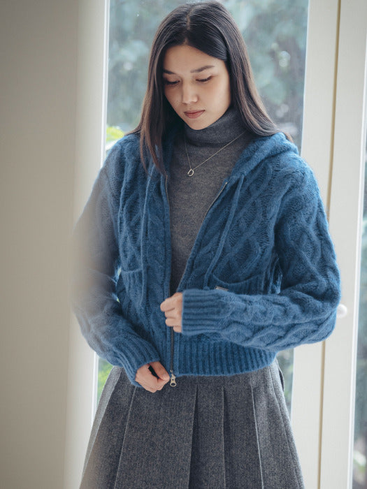 [TILLIDIE] Fisher twisted hooded knit cardigan_Blue