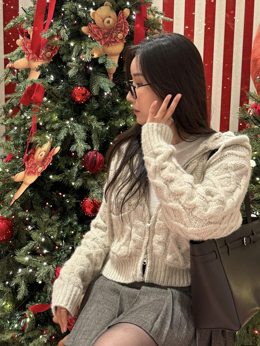 [TILLIDIE] Fisher twisted hooded knit cardigan_Beige