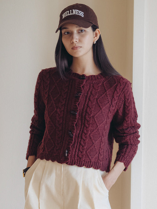 [TILLIDIE] Scallop Wooden Button wool cardigan_Burgundy