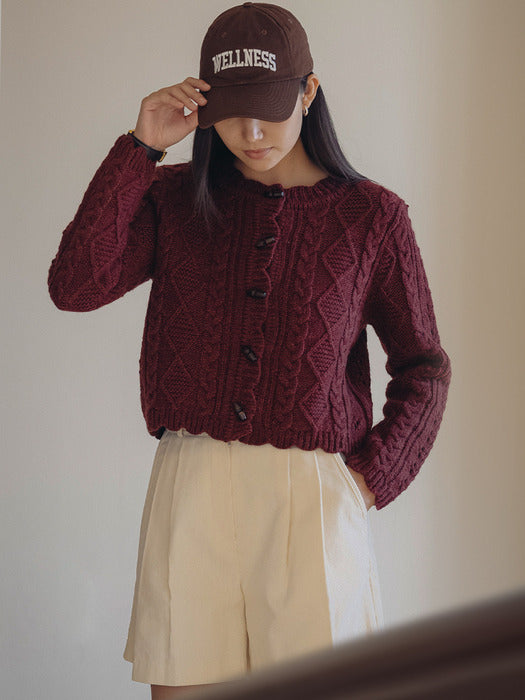 [TILLIDIE] Scallop Wooden Button wool cardigan_Burgundy