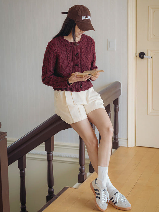 [TILLIDIE] Scallop Wooden Button wool cardigan_Burgundy