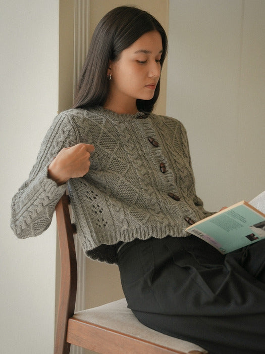 [TILLIDIE] Scallop Wooden Button wool cardigan_Gray
