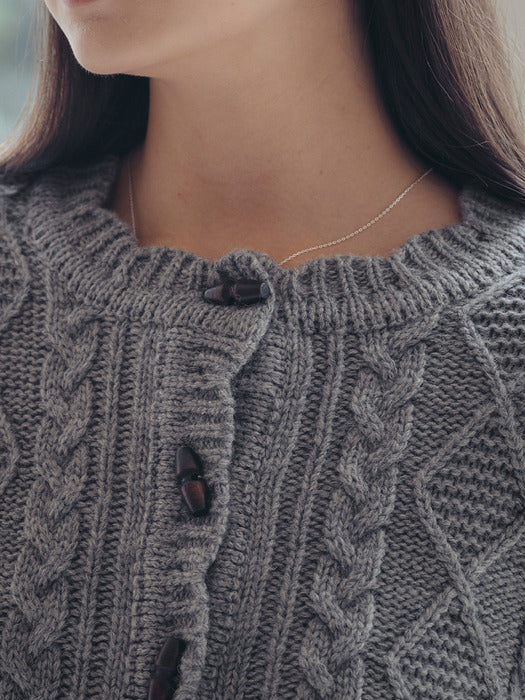 [TILLIDIE] Scallop Wooden Button wool cardigan_Gray