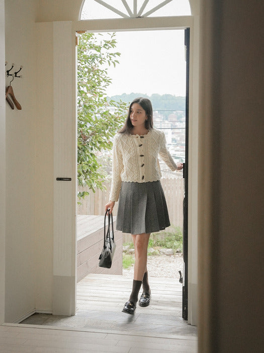 [TILLIDIE] Scallop Wooden Button wool cardigan_Ivory