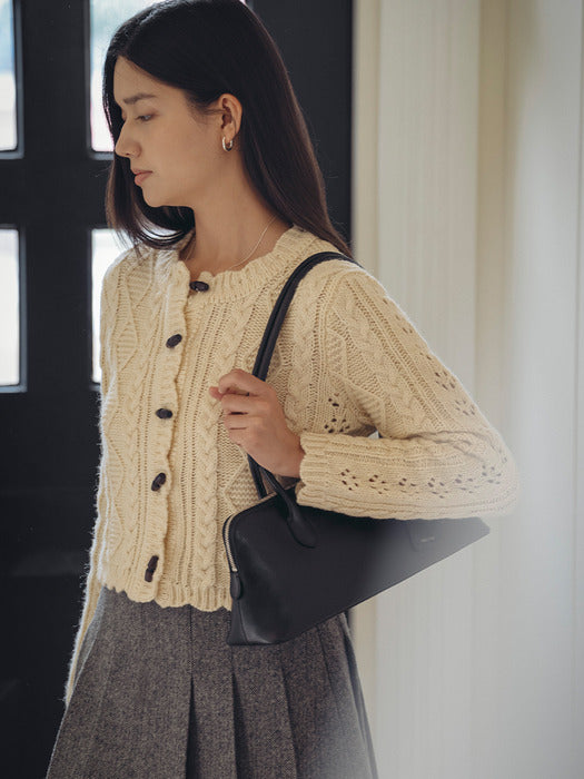 [TILLIDIE] Scallop Wooden Button wool cardigan_Ivory