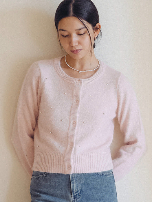 [TILLIDIE] Cubic point angora mixed cardigan_Pink
