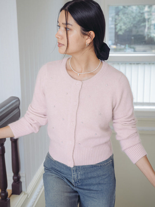 [TILLIDIE] Cubic point angora mixed cardigan_Pink