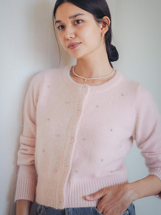 [TILLIDIE] Cubic point angora mixed cardigan_Pink