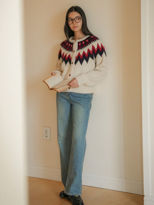 [TILLIDIE] Retro punchcar pattern cardigan_Light Beige