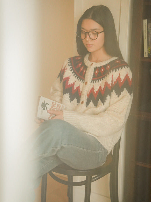 [TILLIDIE] Retro punchcar pattern cardigan_Light Beige