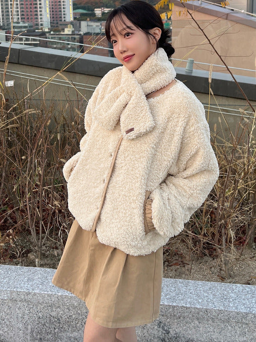 [TILLIDIE] Cinnamon muffler set up fleece jacket_Ivory
