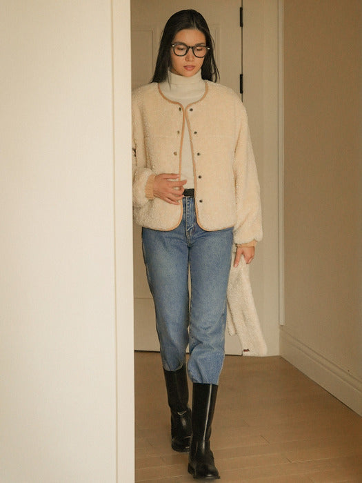 [TILLIDIE] Cinnamon muffler set up fleece jacket_Ivory