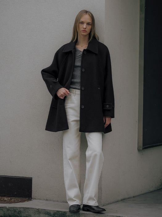 [TILLIDIE] Wide collar wool blend half a-line coat_Black