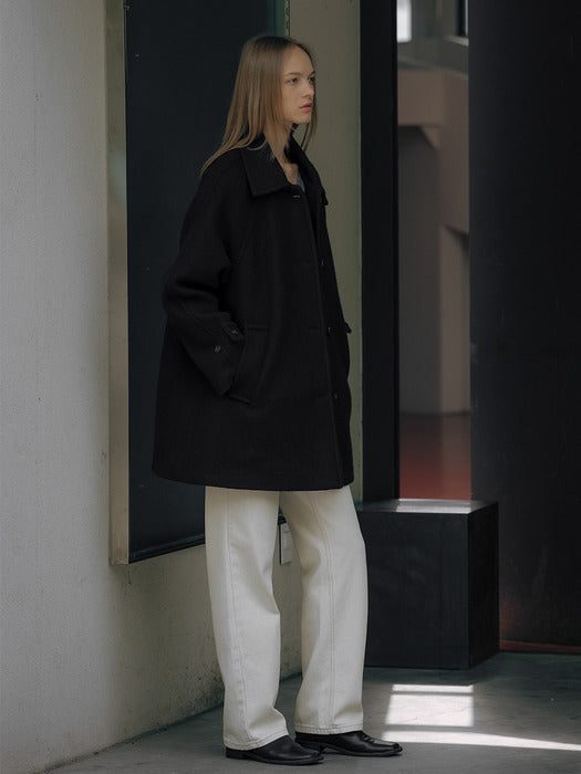 [TILLIDIE] Wide collar wool blend half a-line coat_Black