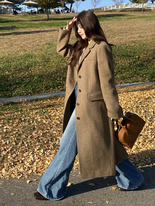 [TILLIDIE] Herringbone twill standard fit wool coat_Brown