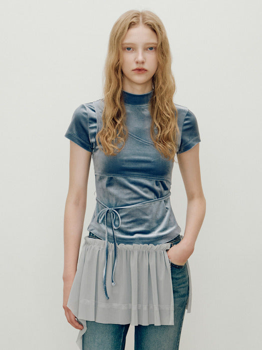 [raive] Velvet Mockneck Short Blouse in Teal Blue VW4WE110-A1