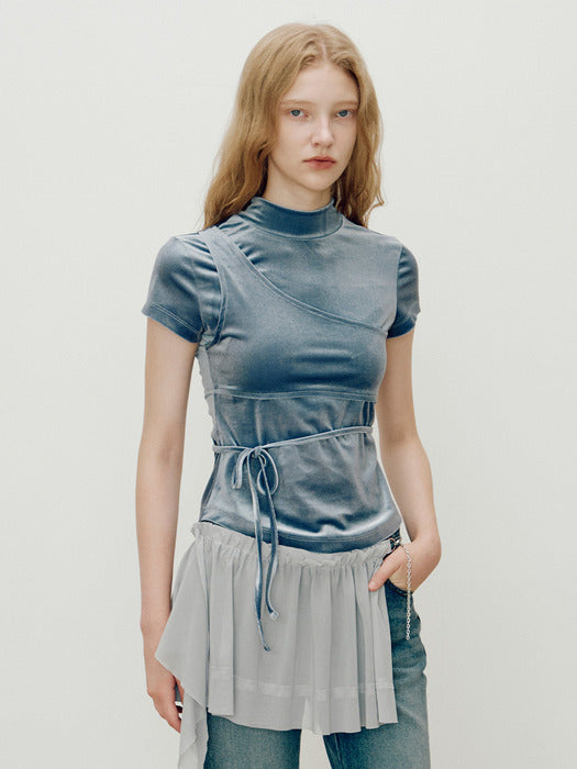 [raive] Velvet Mockneck Short Blouse in Teal Blue VW4WE110-A1