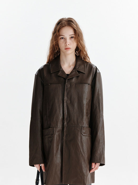 POCKET LEATHER MIDI JACKET IN BROWN