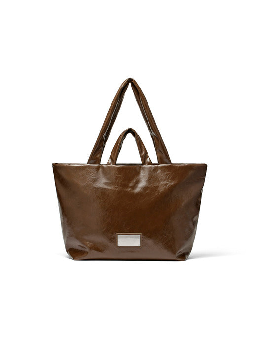 EMBOSSED LOGO LEATHER MAXI BAG IN KHAKI BROWN