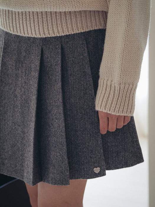 [TILLIDIE] Herringbone wool pleats mini skirt_Charcoal