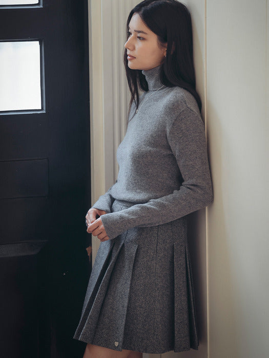 [TILLIDIE] Herringbone wool pleats mini skirt_Charcoal